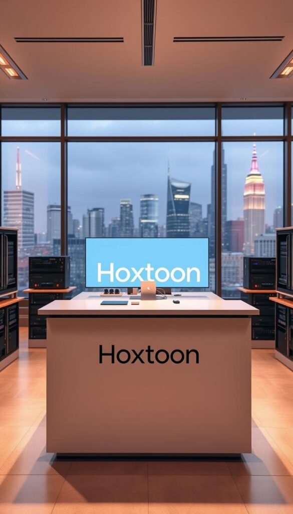 A high-quality, modern office setting with a Hoxtoon Provider logo prominently displayed on a sleek, minimalist desk. The desk is surrounded by cutting-edge computer hardware and networking equipment, conveying a sense of technological sophistication and reliability. The lighting is warm and inviting, with large windows providing a view of a bustling city skyline in the background. The overall atmosphere is one of professionalism, innovation, and trustworthiness, perfectly capturing the essence of Hoxtoon as a leading IPTV provider in the USA.