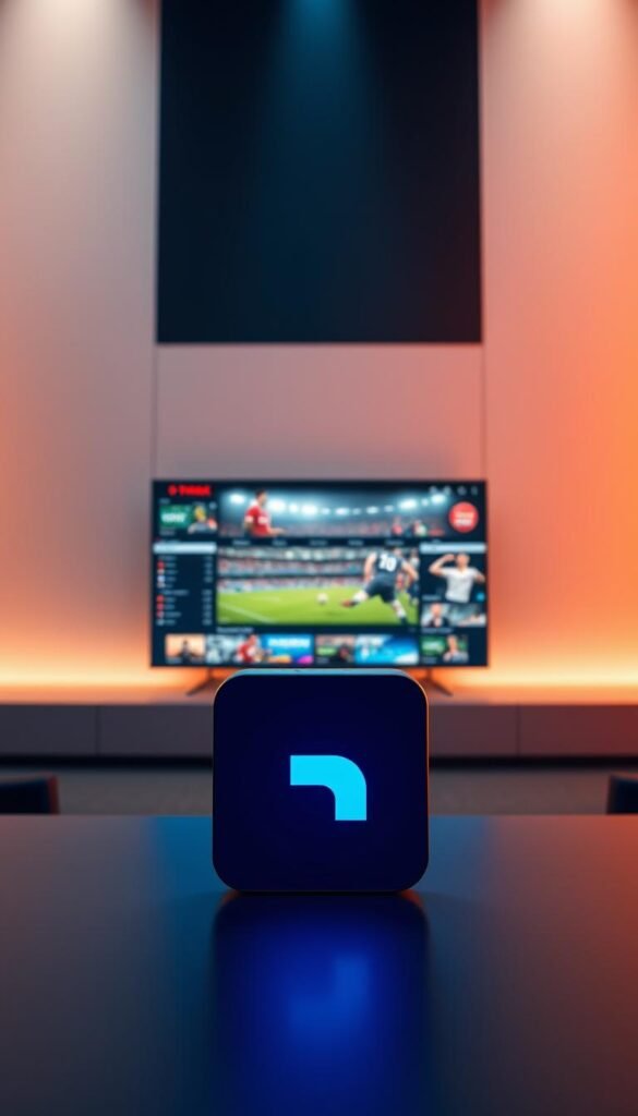 A high-quality, modern streaming service set against a sleek, minimalist backdrop. In the foreground, the Hoxtoon Provider logo stands prominently, its crisp lines and vibrant colors reflecting the service's cutting-edge technology. The mid-ground features a seamless, intuitive user interface with vivid 4K sports content, showcasing the service's ability to deliver an immersive viewing experience. The background is bathed in soft, warm lighting, creating a sense of sophistication and reliability. The overall scene conveys a vision of the future of sports broadcasting, where high-definition, low-latency streaming is the norm, delivering the ultimate in convenience and entertainment.