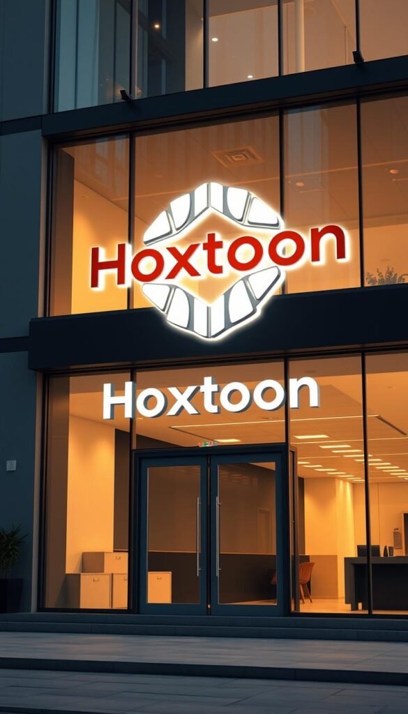 A high-quality, photorealistic image of an IPTV provider service called "Hoxtoon Provider" in the United States. The image should depict a modern, sleek office or headquarters for the company, with a well-designed logo prominently displayed on the exterior of the building. The scene should have a professional, corporate atmosphere, with a clean and minimalist aesthetic. The lighting should be bright and natural, with a warm, inviting tone. The overall composition should highlight the company's identity and convey a sense of reliability and trustworthiness to the viewer.