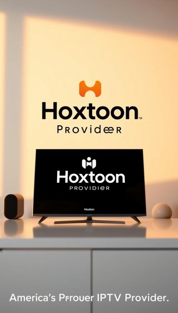A high-quality, professional-looking image of the "Hoxtoon Provider" IPTV service displayed on a sleek, modern device against a clean, minimalist background. The device is positioned in the foreground, reflecting warm, natural lighting that creates a sense of quality and reliability. The Hoxtoon logo and brand name are prominently featured, conveying a premium, trustworthy service. The overall composition is balanced, with the device and branding taking center stage, while the background provides a subtle, complementary setting. The image exudes a sense of sophistication, professionalism, and technological prowess, perfectly capturing the essence of "America's Premier IPTV Provider."
