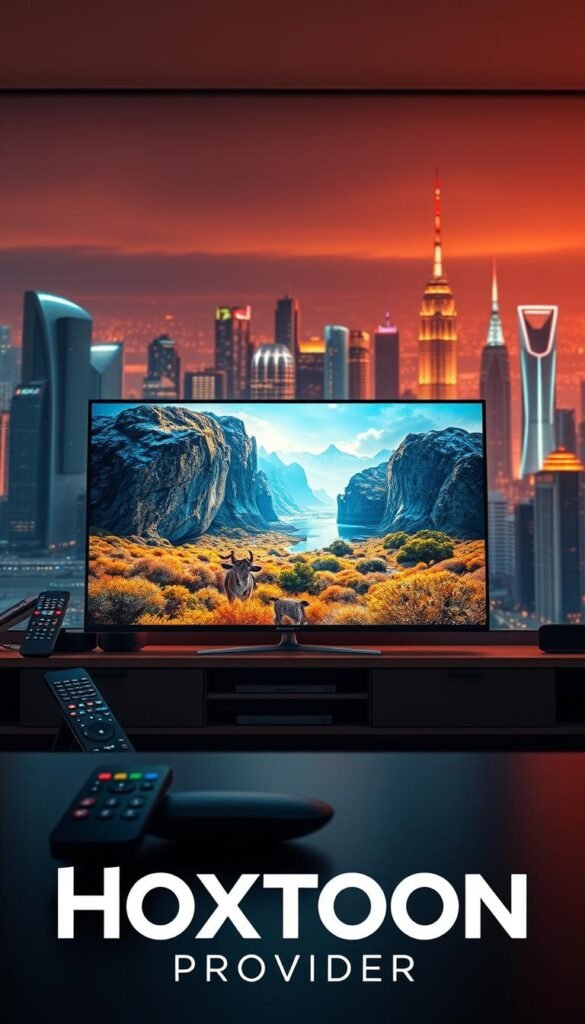 A high-quality, ultra-high-definition IPTV streaming service with a vast selection of 4K channels and superior bitrate playback. The foreground depicts a sleek, modern television set displaying a vivid, immersive nature documentary in crystal-clear 4K resolution. The middle ground showcases various remote controls and smart devices, representing the evolution of television viewing and the seamless integration of streaming services. In the background, a dynamic cityscape with futuristic skyscrapers and neon lights symbolizes the technological advancements transforming the TV industry. Warm, vibrant lighting creates an atmospheric, cinematic feel, while a shallow depth of field focuses the viewer's attention on the central television display. The Hoxtoon Provider logo is prominently featured, highlighting the high-quality, cutting-edge IPTV solution.