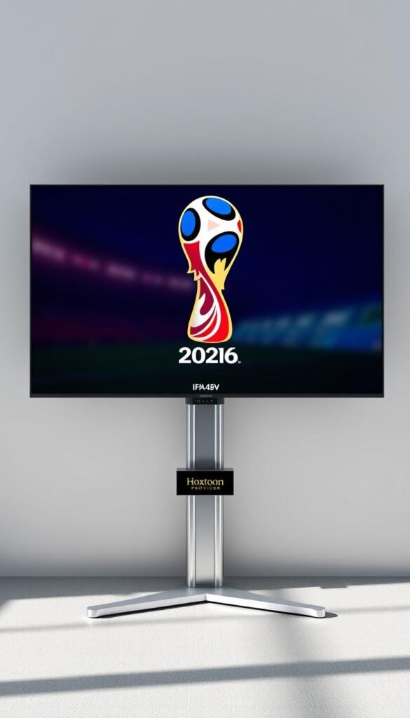 A high-resolution, 4K IPTV display showcasing the official FIFA 2026 World Cup logo, rendered in a sleek and modern style. The screen is mounted on a minimalist, metallic stand, creating a clean and professional aesthetic. The Hoxtoon Provider brand is subtly incorporated into the design, adding an authoritative touch. Soft, directional lighting casts gentle shadows, highlighting the depth and texture of the materials. The overall composition conveys a sense of premium quality and legal legitimacy, perfectly suiting the subject of the article.