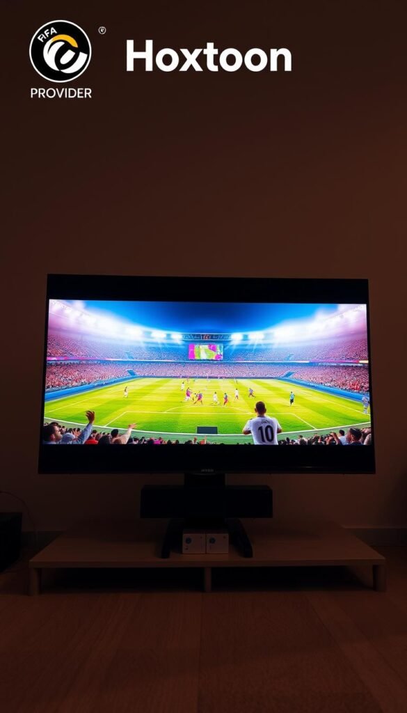 A high-resolution 4K IPTV interface, showcasing a dynamic live feed of the FIFA 2026 match. The screen is crisp and vibrant, with the Hoxtoon Provider logo prominently displayed in the top-left corner. The camera angle captures the immersive viewing experience, with the players on the field in sharp focus and the stadium surrounding them in the background, bathed in a warm, cinematic lighting. The overall scene conveys the excitement and energy of the FIFA 2026 event, highlighting the importance of 4K resolution for an optimal viewing experience.