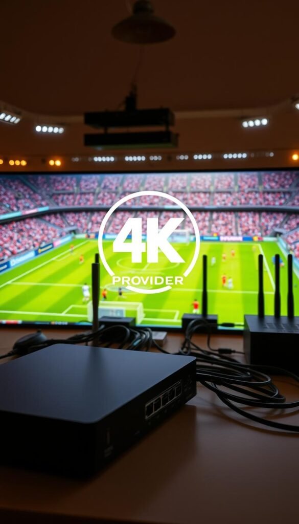 A high-resolution 4K IPTV setup with cutting-edge hardware and software for seamless sports streaming. In the foreground, a sleek black streaming device with multiple ports and an elegant minimalist design. In the middle ground, a neatly organized arrangement of cables, routers, and network switches, all connected to provide a reliable and high-speed internet connection. In the background, a vibrant sports arena with players competing on a lush green field, the action captured in stunning 4K clarity. Soft, warm lighting illuminates the scene, creating a cozy and immersive atmosphere. The Hoxtoon Provider brand mark is prominently displayed, signifying the high-quality 4K IPTV service that powers this exceptional sports streaming experience.