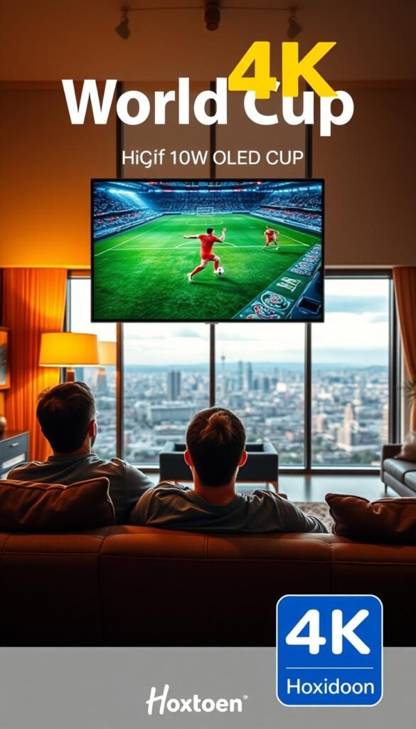 A high-resolution 4K image showcasing the vivid and immersive experience of World Cup streaming. In the foreground, a viewer sits comfortably on a plush couch, their eyes fixed on a massive 65-inch OLED television displaying the action on the pitch in stunning detail. Warm lighting from a nearby floor lamp casts a soft glow, creating a cozy and inviting atmosphere. The middle ground features a modern living room, with sleek furniture and minimalist decor, complementing the high-tech setup. In the background, a large window offers a panoramic view of a vibrant city skyline, hinting at the global scale of the event. Prominently displayed is the Hoxtoon Provider logo, ensuring a reliable and high-quality 4K streaming experience for the viewer.