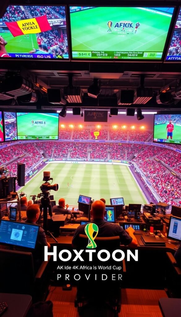 A high-resolution 4K live broadcast of the Africa World Cup, with the Hoxtoon Provider logo prominently displayed in the foreground. The scene depicts a control room filled with state-of-the-art broadcasting equipment, including multiple cameras, microphones, and monitors displaying the game in vivid detail. The lighting is warm and inviting, creating a professional and authoritative atmosphere. The middle ground features technicians diligently monitoring the feed, while the background showcases a panoramic view of the stadium, filled with cheering fans. The overall composition conveys the scale, complexity, and technological prowess of the 4K IPTV Africa World Cup broadcasting experience.