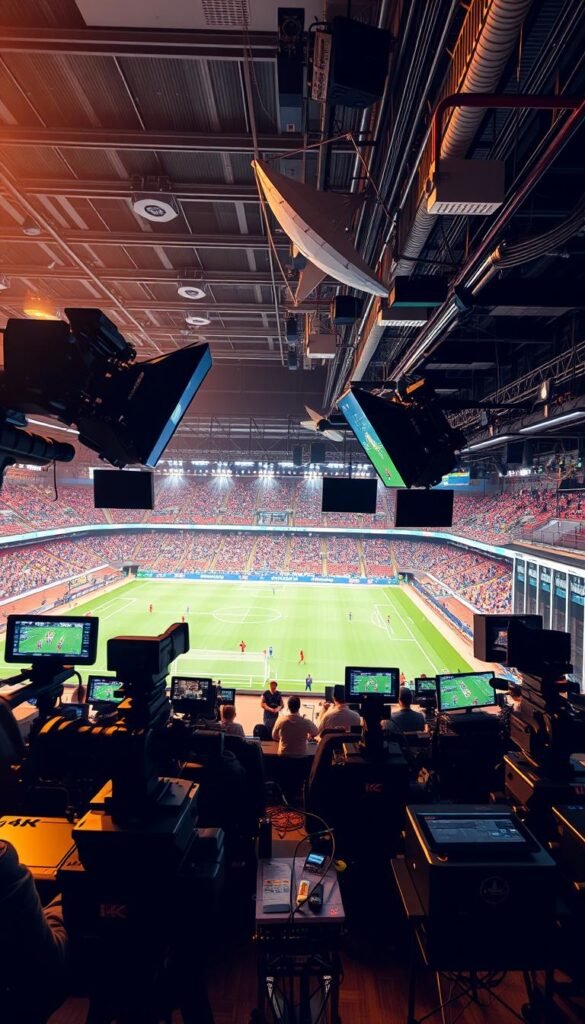 A high-resolution 4K live broadcast setup for the World Cup, featuring the Hoxtoon Provider technology. In the foreground, a bank of ultra-high-definition cameras capture the action on the pitch, their long telephoto lenses and precise robotic controls enabling cinematic coverage. In the middle ground, a control room buzzes with technicians monitoring feeds, adjusting settings, and seamlessly switching between camera angles. The background depicts the infrastructure powering this immersive experience - satellite dishes, fiber optic cables, and server racks humming with the processing power required to encode, stream, and deliver the 4K footage to viewers worldwide with low latency and exceptional quality. Warm lighting and a sense of technical sophistication pervade the scene, showcasing the Hoxtoon Provider's advanced 4K live stream capabilities.