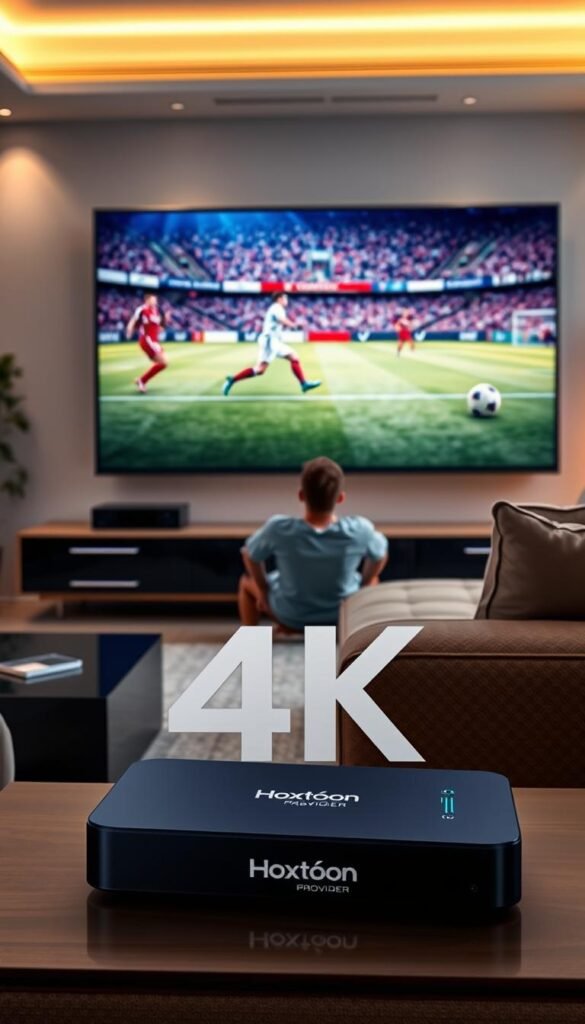 A high-resolution 4K sports streaming scene featuring the Hoxtoon Provider logo. In the foreground, a modern living room setup with a large 4K TV displaying a live soccer match in vivid detail. Beside it, a sleek streaming device with the Hoxtoon Provider branding. In the middle ground, a person comfortably seated, eyes fixed on the screen, immersed in the game. The background showcases a minimalist, contemporary interior design with subtle lighting and ample natural light, creating a cozy, cinematic atmosphere. The overall image conveys the seamless integration of 4K IPTV technology into a modern home setting, revolutionizing the sports viewing experience.