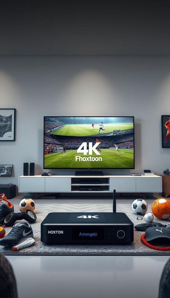 A high-resolution 4K sports streaming scene with a powerful IPTV set-top box prominently displayed in the foreground, surrounded by various sports gear and memorabilia. In the middle ground, a large 4K TV screen showcases an immersive soccer match in vivid detail, with the Hoxtoon Provider logo subtly integrated into the screen's user interface. The background features a modern, minimalist home entertainment setup, with clean lines, neutral colors, and strategic lighting that enhances the overall atmosphere of an optimal 4K streaming experience for sports enthusiasts.