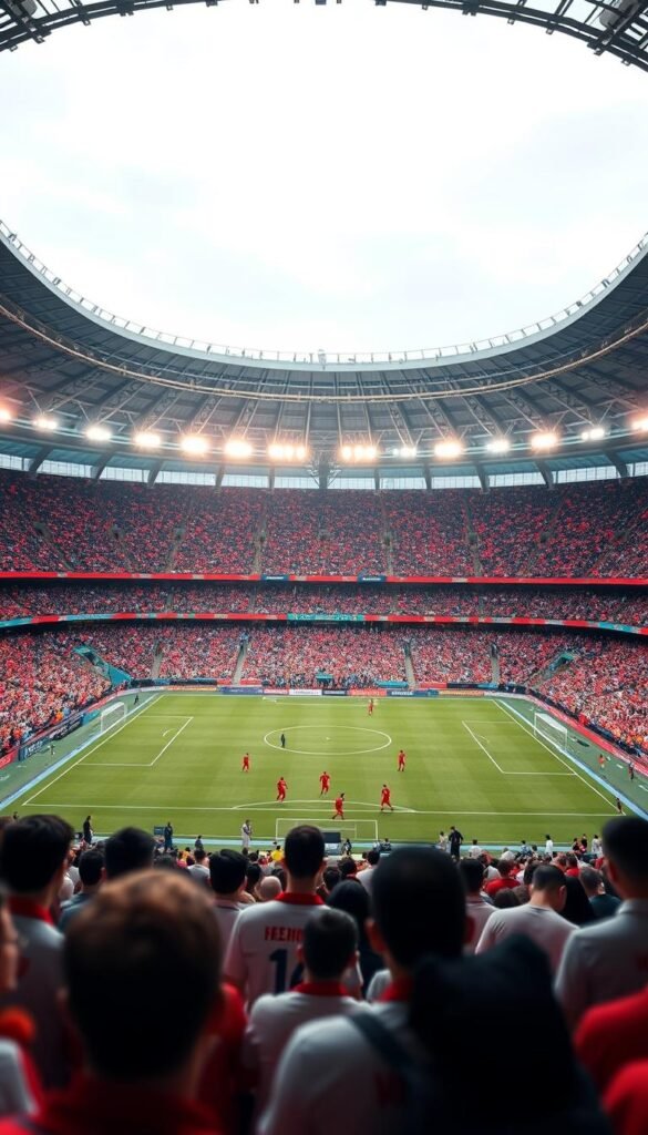 A high-resolution 4K video stream of the 2022 FIFA World Cup, broadcast in Mandarin Chinese by the Hoxtoon Provider. The frame is filled with a vibrant and dynamic scene, capturing the energy and excitement of the match. In the foreground, the players on the field are sharply in focus, their movements frozen in time by a fast shutter speed. The middle ground features a sweeping panorama of the packed stadium, with the audience's faces illuminated by the warm glow of the floodlights. In the background, the city skyline is visible through the stadium's open roof, hinting at the global scale of the event. The overall mood is one of anticipation and collective energy, as the Hoxtoon Provider presents the world's most watched sporting event in stunning 4K resolution.