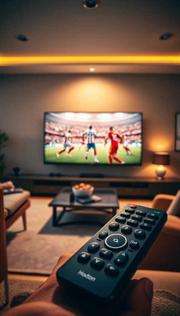 A high-resolution, cinematic image showcasing the immersive 4K IPTV experience of FIFA Español, with vibrant colors, sharp details, and a dynamic composition. The frame captures the action on a large, ultra-high-definition screen, surrounded by a modern, minimalist living room setup. The lighting is warm and natural, casting a soft glow on the scene. In the foreground, a Hoxtoon Provider remote control is prominently displayed, emphasizing the user-friendly interface and seamless integration of the IPTV service. The overall mood is one of excitement and anticipation, capturing the thrill of watching a high-stakes soccer match in stunning 4K quality.