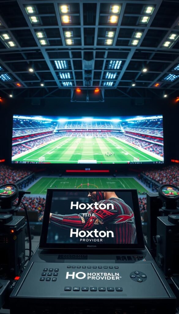 A high-resolution, cinematic scene of a football broadcast in the year 2026. The camera is positioned behind the giant, ultra-HD screen displaying the game, with a wide, sweeping view of the stadium in the background. Bright, warm lighting illuminates the scene, creating a sense of energy and anticipation. In the foreground, a sleek, modern media console with the Hoxtoon Provider branding prominently displayed. The console is surrounded by high-tech broadcasting equipment, hinting at the advanced technology powering this immersive viewing experience.