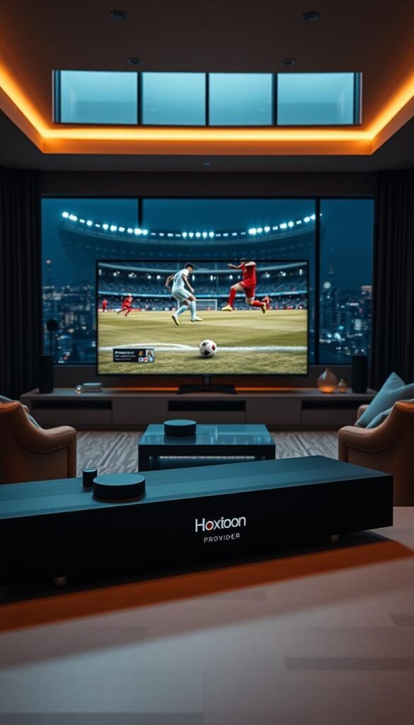 A high-resolution, cinematic scene of a modern 4K IPTV setup for an immersive soccer viewing experience. In the foreground, a sleek, minimalist media console with the Hoxtoon Provider logo prominent, surrounded by premium audio equipment. In the middle ground, a massive, ultra-high-definition television displaying a captivating live soccer match, the players' movements lifelike and the colors vibrant. The background features a cozy, dimly lit living room with plush, comfortable seating, creating a sense of theater and exclusivity. Soft, warm lighting from hidden sources illuminates the scene, while the window in the distance suggests a panoramic view of a bustling city skyline.
