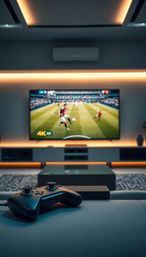 A high-resolution, cinematic still life depicting a "Certified 4K World Cup IPTV" service from the "Hoxtoon Provider". The scene features a sleek, modern television set displaying a vibrant 4K soccer match, with a game controller and a streaming device prominently placed in the foreground. The background showcases a minimalist, technologically-advanced interior design with clean lines and sophisticated lighting. The overall mood is one of high-quality, cutting-edge entertainment and reliable IPTV technology. The image should convey a sense of professionalism, attention to detail, and the premium nature of the "Hoxtoon" brand.