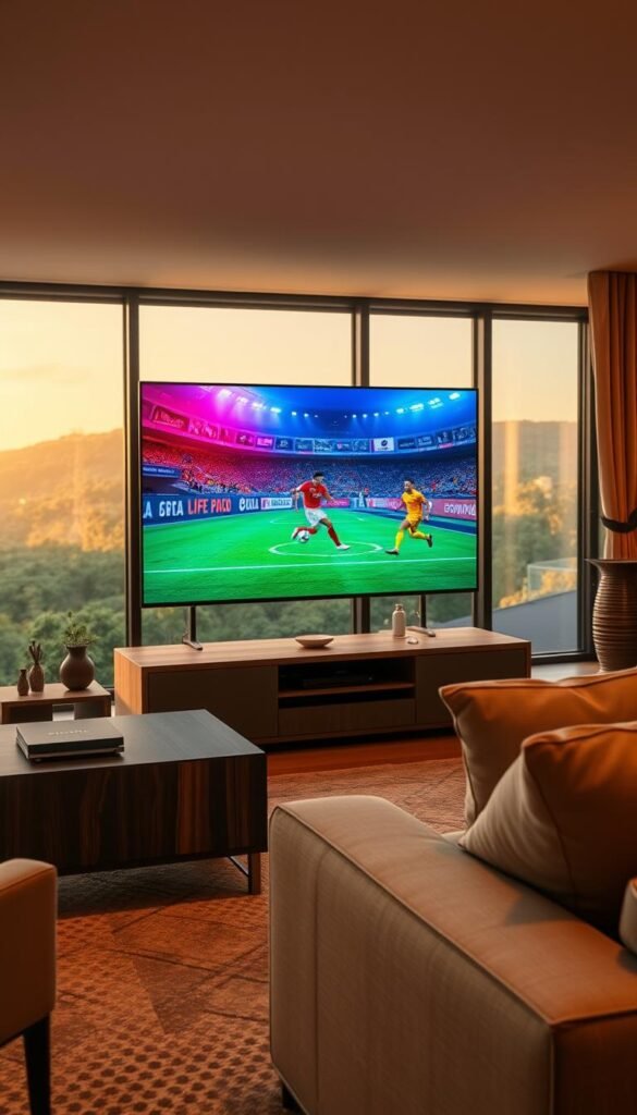A high-resolution, cinematic view of a home entertainment setup streaming a 4K sports event. In the foreground, a sleek, modern TV displays the game with vibrant colors and exceptional detail. Surrounding the TV, a high-end, minimalist media console in dark wood tones, complemented by ambient lighting. In the middle ground, a cozy living room with plush, neutral-toned furniture creates a comfortable viewing experience. The background features a large window overlooking a lush, verdant landscape, bathed in warm, golden natural light. The overall atmosphere exudes a sense of immersion and premium quality, reflecting the Hoxtoon Provider's commitment to delivering the ultimate 4K World Cup viewing experience.