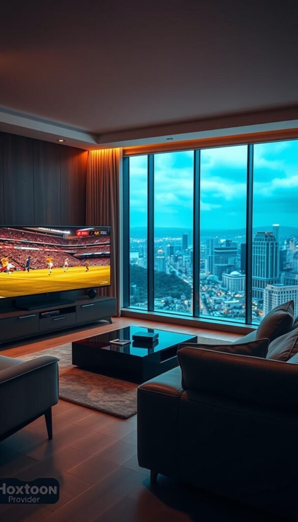 A high-resolution, cinematic view of a modern living room showcasing a large, 4K IPTV display playing a thrilling FIFA World Cup match. In the foreground, a sleek, state-of-the-art media center emblazoned with the "Hoxtoon Provider" logo dominates the scene, casting a warm, inviting glow. The middle ground features comfortable seating and a coffee table, creating an immersive, theater-like atmosphere. In the background, a panoramic window offers a glimpse of a bustling city skyline, hinting at the global reach of the 4K IPTV technology. The lighting is soft and diffused, adding a sense of cinematic drama to the entire composition.