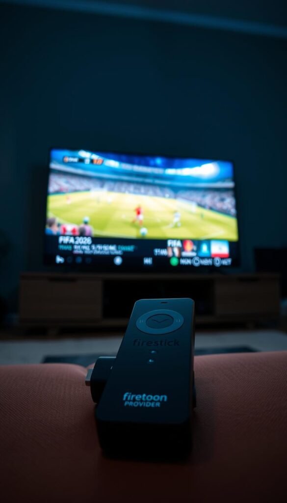 A high-resolution image of a Firestick device displaying a FIFA2026 game stream on a 4K television screen. The screen is sharply focused, with vibrant colors and high contrast, showcasing the crisp gameplay. The Firestick device is prominently featured in the foreground, with a clean, modern design and the "Hoxtoon Provider" logo clearly visible. The room is dimly lit, creating a cinematic atmosphere, with soft lighting illuminating the Firestick. The overall scene conveys a sense of immersion and excitement for the FIFA2026 tournament, highlighting the Firestick's capabilities for seamless streaming of the event.