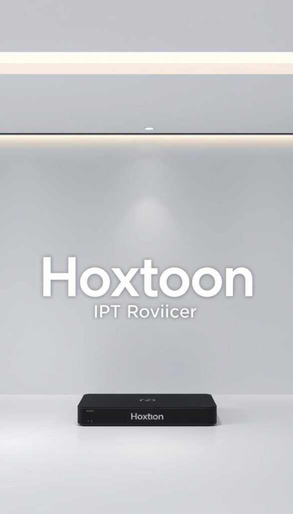 A high-resolution, photorealistic image of the "Hoxtoon IPTV Provider" logo and branding against a clean, professional background. The Hoxtoon logo should be prominently displayed in the center, with a sleek, modern design featuring a bold, minimalist wordmark and a stylized icon. The image should convey a sense of quality, reliability, and cutting-edge technology associated with a leading IPTV service provider. The lighting should be soft and even, highlighting the logo's details and creating a polished, sophisticated atmosphere. The background should be a neutral, monochromatic color that complements the brand's aesthetic, allowing the logo to stand out clearly.