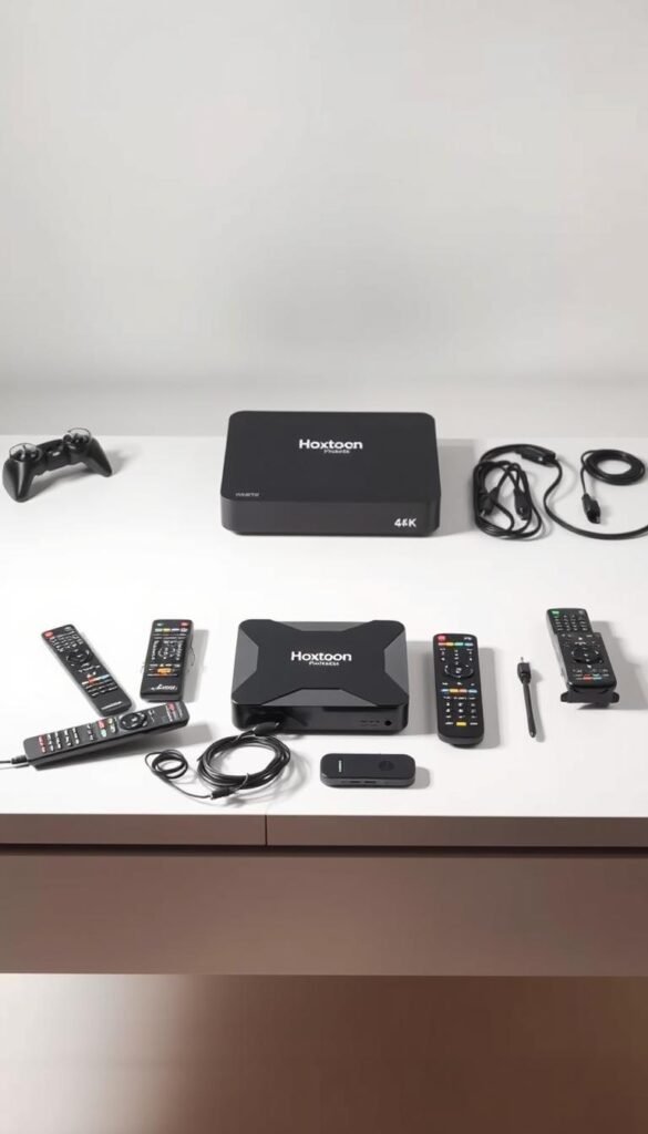A high-tech 4K IPTV set-top box with a sleek, modern design sits prominently on a minimalist white table. The box features the Hoxtoon Provider logo and is surrounded by a variety of remote controls, cables, and other accessories, neatly arranged to convey a sense of organization and functionality. Soft, diffused lighting illuminates the scene, creating a warm and inviting atmosphere. The background is a clean, white studio setup, allowing the IPTV4K MAG Box and its compatible services to be the focal point of the image. The overall composition emphasizes the versatility, connectivity, and user-friendly experience of the IPTV4K MAG Box and Hoxtoon Provider's reliable service offerings.