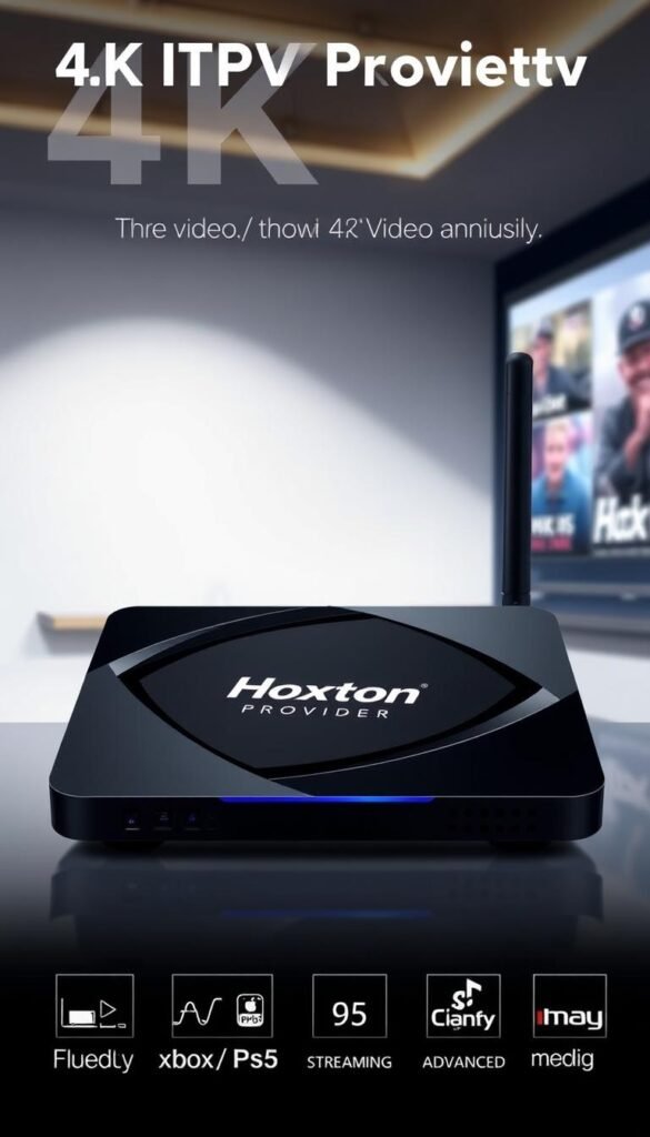 A high-tech 4K IPTV streaming device with sleek, modern design, prominently featuring the "Hoxtoon Provider" logo. The device is displayed in a well-lit, studio-like setting, showcasing its state-of-the-art 4K video and audio capabilities. In the background, subtle but dynamic visual elements hint at the device's Xbox/PS5 connectivity and advanced media streaming capabilities. The overall mood is one of technological innovation, high performance, and premium quality.