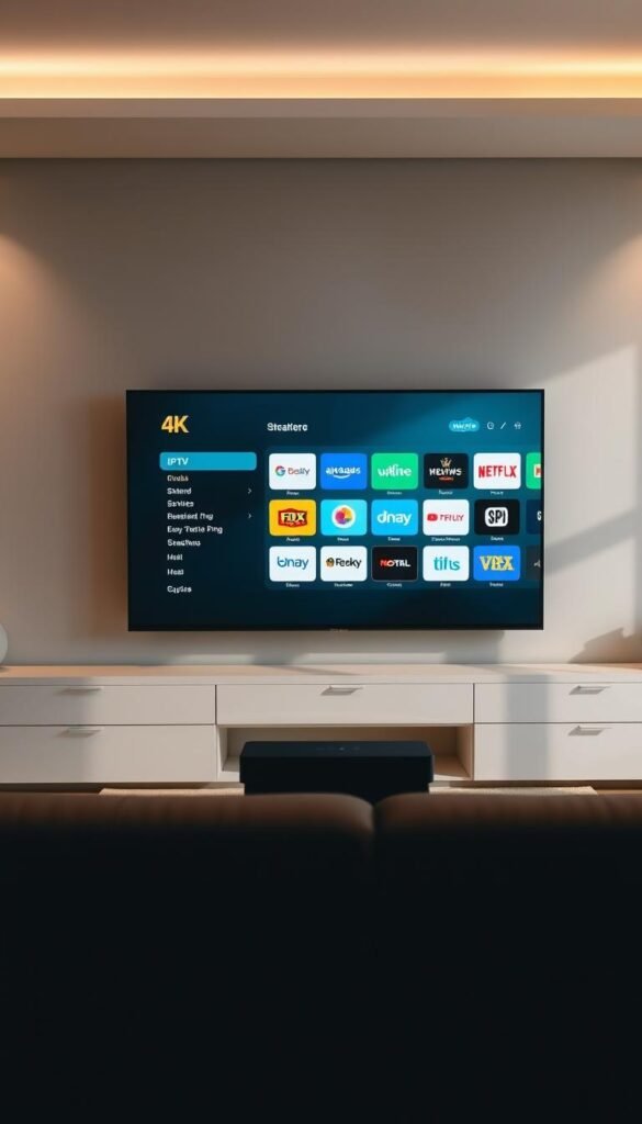 A high-tech 4K IPTV streaming setup in a modern, minimalist living room. The screen displays a menu interface with various streaming service icons, including the "Hoxtoon Provider" brand logo. Soft, diffused lighting illuminates the scene, creating a warm, inviting atmosphere. The composition features the screen as the central focus, with sleek, dark entertainment furniture and neutral-toned walls in the background, conveying a sense of sophistication and technology. The overall image evokes the growing popularity of IPTV services and their seamless integration into contemporary home entertainment systems.