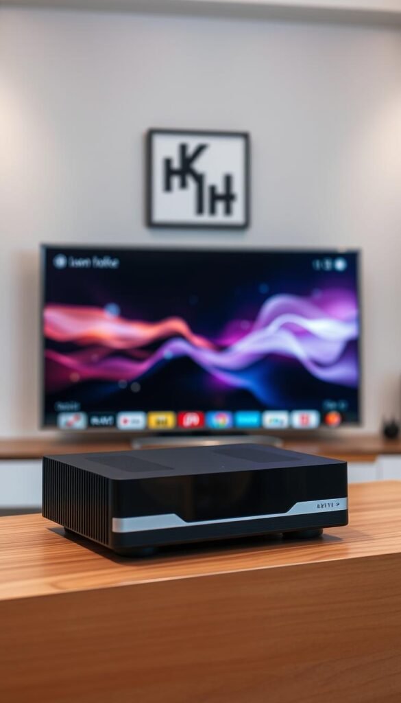 A high-tech 4K IPTV streaming setup with a sleek, minimalist design. In the foreground, a modern black IPTV box with clean lines and silver accents sits atop a minimalist wooden media stand. Behind it, a 4K UHD television fills the middle ground, its vibrant display showcasing the crisp, detailed 4K IPTV content. The background features a neutral-toned wall with a single piece of abstract art, creating a serene, gallery-like atmosphere. Indirect lighting from hidden sources casts a soft, ambient glow across the scene, highlighting the premium quality of the Hoxtoon Provider IPTV system.