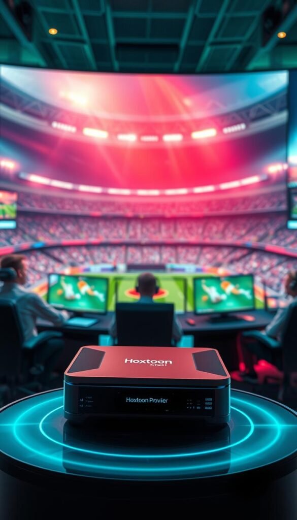 A high-tech broadcasting center with a large holographic display showcasing a thrilling live sports event in stunning 4K resolution. In the foreground, a sleek, futuristic IPTV set-top box labeled "Hoxtoon Provider" sits prominently, symbolizing the cutting-edge technology that is revolutionizing sports viewing. The middle ground features technicians monitoring the live feed, their faces illuminated by the vibrant, dynamic imagery. In the background, a panoramic view of the sports stadium can be seen, creating a sense of immersion and the live, high-stakes atmosphere of the event. The scene is bathed in a warm, vibrant lighting that enhances the dynamic and energetic mood, showcasing the power and innovation of IPTV technology.