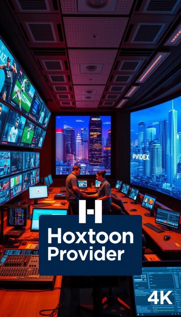 A high-tech control center, with rows of monitors and advanced streaming equipment. In the foreground, the Hoxtoon Provider logo stands out, a sleek, modern design that conveys reliability and cutting-edge technology. Surrounding it, various media icons and sports imagery suggest the breadth of content available through this platform. The middle ground features technicians monitoring data streams, their faces lit by the glow of the screens, conveying a sense of focus and precision. In the background, a sweeping 4K cityscape with towering skyscrapers reflects the global reach and scale of the Hoxtoon Provider service. Warm, directional lighting accentuates the high-tech aesthetic, creating depth and atmosphere.
