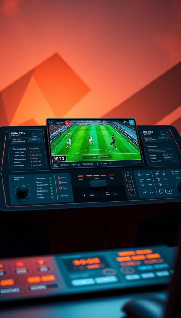 A high-tech control panel showcasing the Hoxtoon Provider platform, displaying a vivid 4K FIFA 2026 match in stunning detail. Sleek, futuristic UI elements highlight advanced streaming features and settings. Warm, cinematic lighting casts an inviting glow, while the background features abstract, geometric shapes suggesting the cutting-edge technology powering this next-generation sports viewing experience.