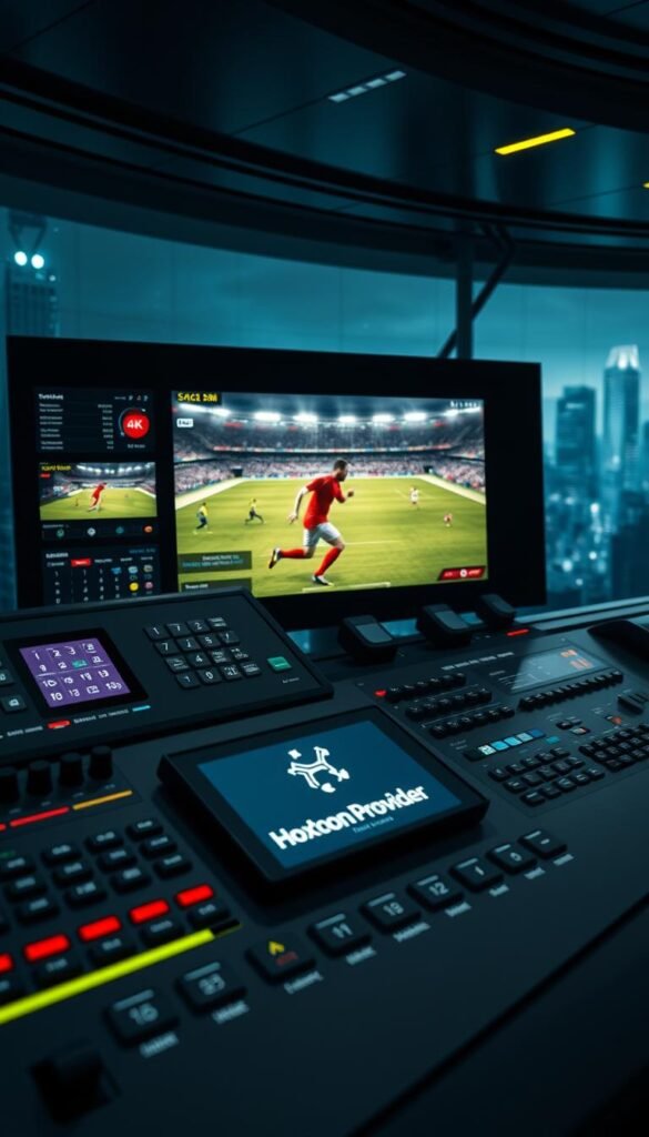 A high-tech control panel with an array of buttons, switches, and screens displaying real-time football match data and streaming quality metrics. The foreground features the Hoxtoon Provider logo, casting a soft glow across the sleek, minimalist interface. The middle ground showcases a 4K football match being streamed, with players in sharp detail and vibrant colors. The background depicts a futuristic cityscape, hinting at the global reach and advanced infrastructure powering this IPTV technology. Dramatic lighting from multiple angles creates depth and a sense of technological sophistication, while the overall composition conveys the revolutionary impact of this innovative football viewing experience.
