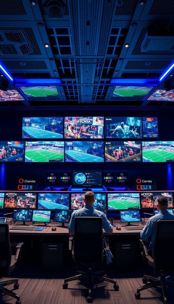 A high-tech control room with an expansive display wall, showcasing the Hoxtoon Provider IPTV service. Sleek, modern workstations with cutting-edge equipment and monitors displaying live sports events and entertainment content. Ambient blue and purple lighting creates a futuristic atmosphere, while technicians in uniforms monitor and manage the advanced IPTV infrastructure. The scene conveys the power and innovation of Hoxtoon Provider, revolutionizing the sports viewing experience with its state-of-the-art IPTV technology.