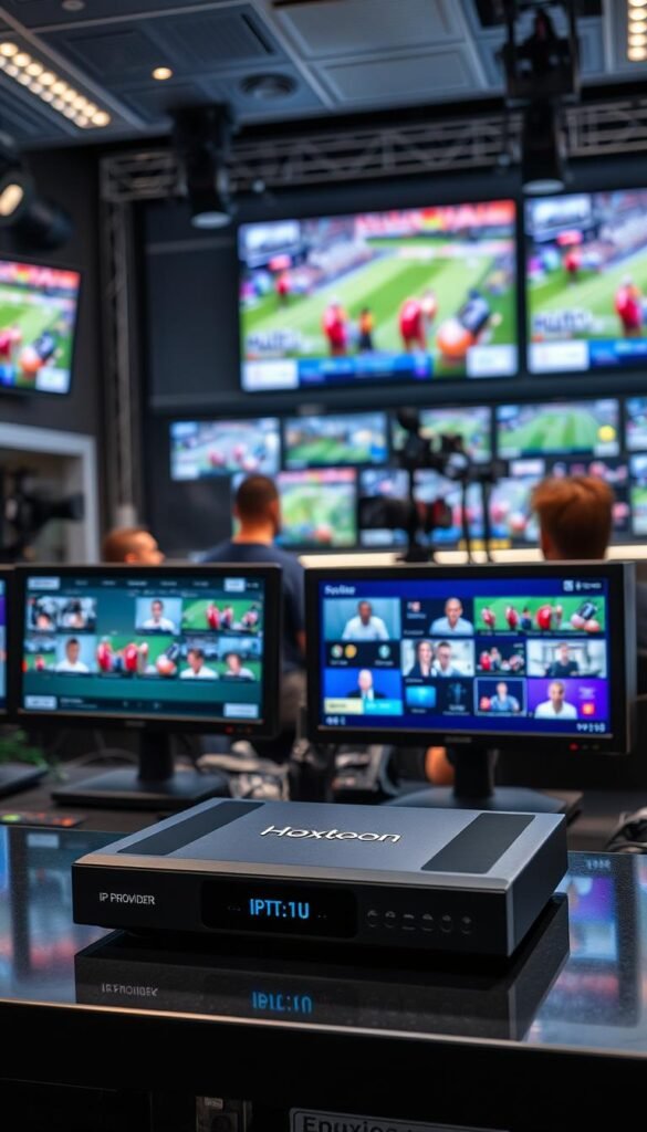 A high-tech control room with multiple displays showing live sports coverage. In the foreground, a sleek IPTV device from the Hoxtoon Provider brand sits on a desk, its interface showcasing various sports channels and live event streams. The middle ground features technicians monitoring the system, their faces focused on the screens. The background depicts a modern, well-lit studio environment with professional-grade cameras and lighting equipment. The overall scene conveys the seamless integration of cutting-edge IPTV technology enabling smooth, high-quality live sports streaming for the viewer.