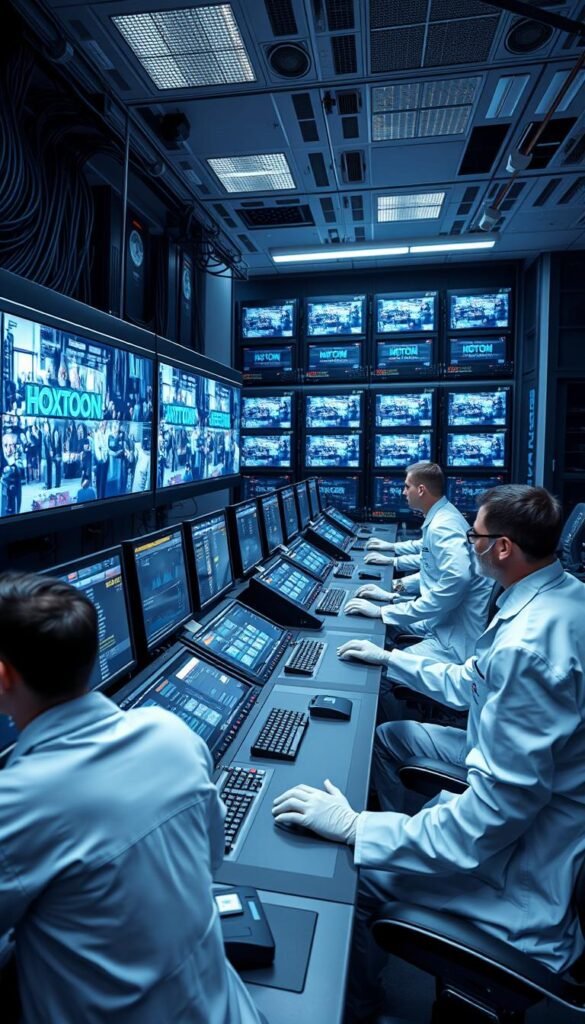 A high-tech control room with rows of monitors displaying real-time 4K video feeds, the Hoxtoon Provider logo prominently displayed. Sleek, futuristic consoles with various controls and readouts. Technicians in white lab coats intently monitoring the systems, surrounded by a maze of cables and blinking lights. Towering server racks in the background, creating an atmosphere of advanced technology. Dramatic lighting from above, casting dramatic shadows and highlighting the precision of the equipment. The room exudes a sense of cutting-edge innovation in the world of 4K live IPTV broadcasting.