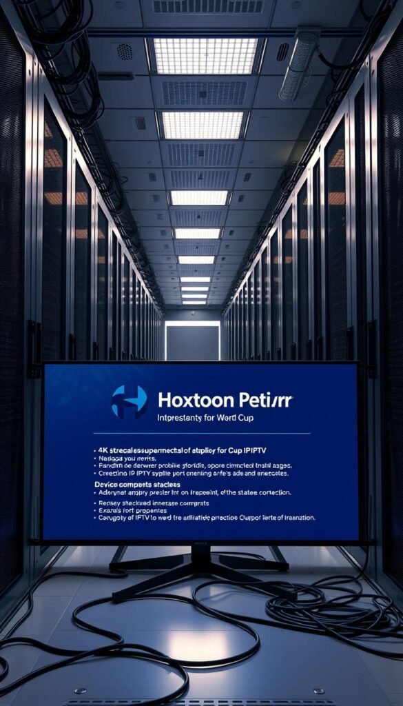 A high-tech data center with a bank of sleek servers, their metal casings gleaming under the soft, ambient lighting. Cables and wires snake across the floor, connecting the equipment in a complex web. A large display monitor dominates the foreground, showcasing the "Hoxtoon Provider" brand and technical requirements for IPTV streaming, including bandwidth, device compatibility, and encryption protocols. The scene conveys a sense of precision, efficiency, and the advanced infrastructure required to deliver a seamless 4K IPTV experience for the World Cup.