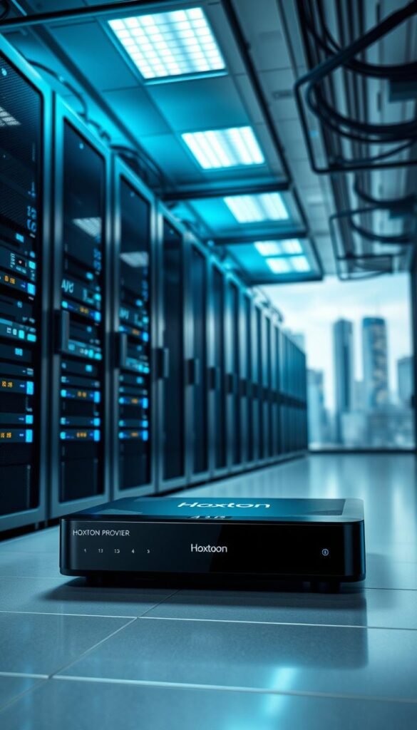 A high-tech data center with rows of servers and networking equipment, bathed in a cool blue-green glow from overhead lighting. In the foreground, a sleek, modern IPTV set-top box with the Hoxtoon Provider brand prominently displayed. The box is connected to a high-resolution 4K display, showcasing the advanced video capabilities of IPTV technology. The background features a cityscape with skyscrapers, symbolizing the widespread adoption and integration of IPTV in urban environments. The overall scene conveys the power, efficiency, and growing popularity of IPTV as a cutting-edge home entertainment solution.