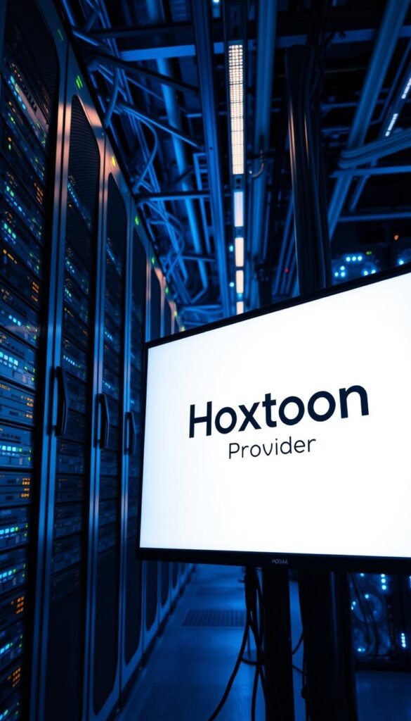 A high-tech data center with sleek server racks, glowing network cables, and an array of blinking lights. In the foreground, a large monitor displays the Hoxtoon Provider logo, showcasing its IPTV4K streaming capabilities. The scene is bathed in a cool, blue-tinted lighting, creating a futuristic and professional atmosphere. The camera angle is slightly elevated, giving a commanding view of the impressive technical setup. The overall composition conveys the power and reliability of the Hoxtoon Provider's IPTV4K high bitrate technology.
