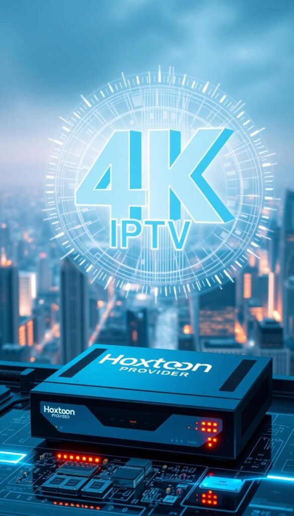 A high-tech digital distribution system displaying the Hoxtoon Provider logo, showcasing advanced 4K IPTV technology. In the foreground, a sleek, futuristic streaming device with intricate circuit boards and glowing indicator lights. The middle ground features a detailed 3D visualization of data packets and signal transmissions, creating a dynamic, ethereal display. The background depicts a cityscape shrouded in a soft, atmospheric glow, hinting at the ubiquity and connectivity of the 4K IPTV network. The overall scene conveys a sense of cutting-edge innovation, seamless integration, and the transformative power of Hoxtoon Provider's 4K IPTV solution.