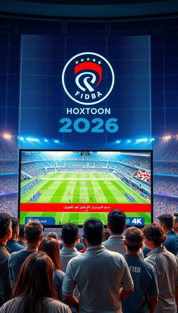 A high-tech digital stadium backdrop, with a Hoxtoon Provider logo prominently displayed. In the foreground, a group of sports enthusiasts gathered around a large, state-of-the-art 4K television screen, intently watching a live FIFA 2026 match in Arabic. The lighting is warm and inviting, with soft reflections on the screen. The overall scene conveys the excitement and evolution of modern sports broadcasting, blending the immersive atmosphere of a live event with the convenience of streaming. The composition emphasizes the seamless integration of technology, entertainment, and global connectivity.