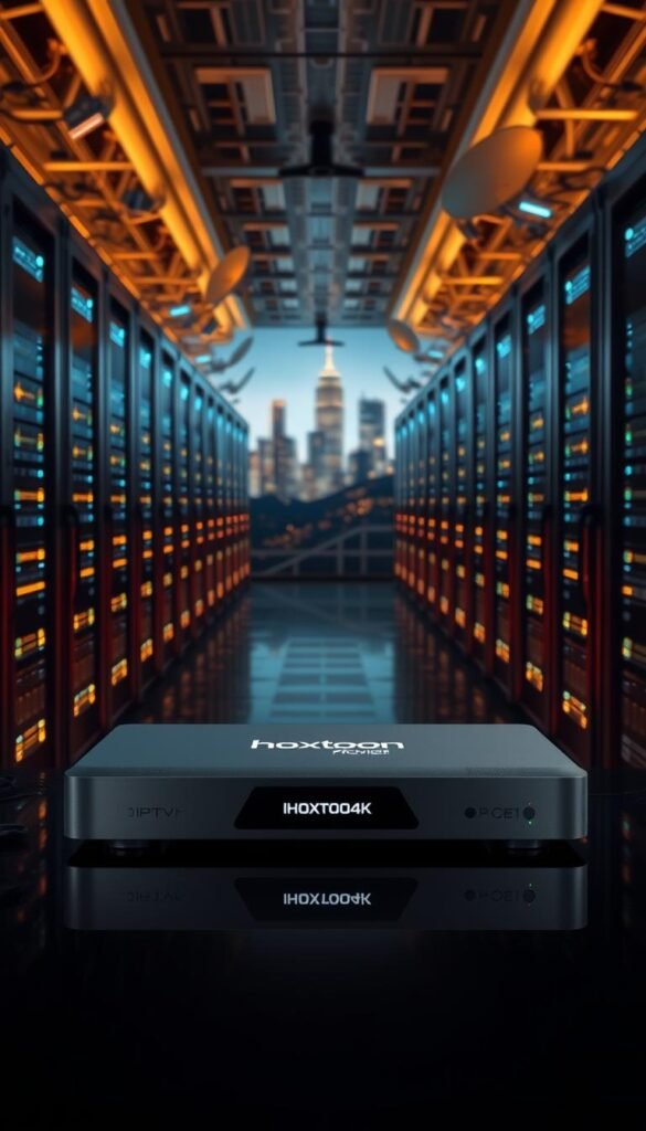 A high-tech, futuristic data center with rows of server racks and glowing LED lights, illuminated by a warm, ambient glow. In the foreground, a sleek, metallic IPTV4K device with the "Hoxtoon Provider" branding prominently displayed. The device is surrounded by network cables, satellite dishes, and other streaming hardware. The background features a cityscape of skyscrapers, hinting at the global reach and infrastructure of the IPTV service. The scene conveys a sense of reliability, advanced technology, and the seamless integration of digital media into modern life.