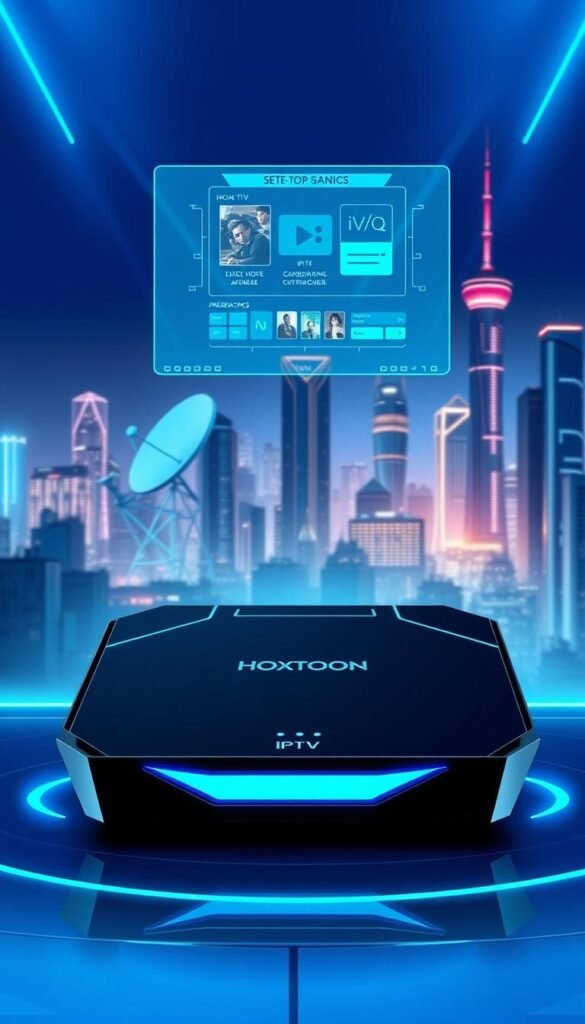 A high-tech, futuristic illustration of IPTV technology. In the foreground, a Hoxtoon Provider set-top box with sleek, angular design and glowing blue accents. Hovering above it, a holographic user interface displaying streaming content. In the middle ground, a satellite dish and network cables, symbolizing the transmission of digital signals. The background features a cityscape with towering skyscrapers, hinting at the widespread adoption of IPTV in urban areas. The overall scene is bathed in a cool, neon-infused lighting, conveying a sense of advanced, cutting-edge technology.