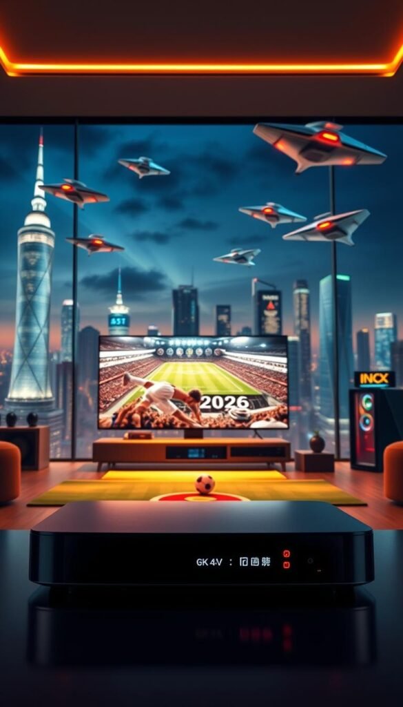 A high-tech futuristic scene of the 2026 World Cup streaming in stunning 4K quality on an IPTV service. In the foreground, a sleek IPTV streaming device by Hoxtoon Provider displays the vibrant, ultra-detailed football match. The middle ground features a modern home theater setup with a massive 4K OLED display, surround sound speakers, and a high-end gaming PC. The background depicts a futuristic cityscape at night, with skyscrapers and hovercrafts illuminating the sky. Warm lighting, cinematic depth of field, and a sense of technological advancement create an immersive, premium viewing experience for the 2026 World Cup.