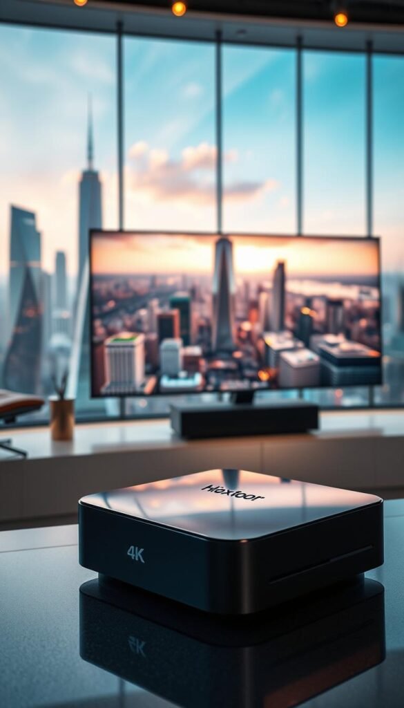 A high-tech, futuristic scene showcasing the power of 4K resolution. In the foreground, a sleek, cutting-edge Hoxtoon Provider media device takes center stage, its smooth, glossy surface reflecting the vibrant, ultra-high-definition footage it displays. The middle ground features a large, state-of-the-art 4K television, its screen filled with a stunning, lifelike image that captures the viewer's attention. In the background, a cityscape of towering skyscrapers and advanced technology creates a sense of technological superiority and progress. Soft, directional lighting illuminates the scene, enhancing the high-quality, premium feel. The overall atmosphere conveys a sense of cutting-edge innovation and the future of entertainment.