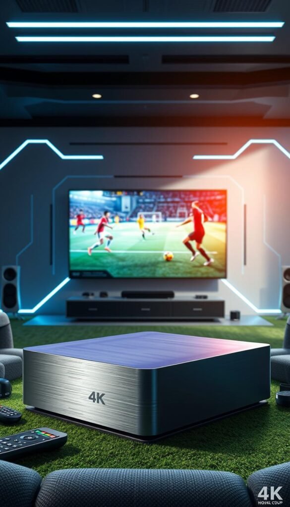 A high-tech, futuristic viewing experience for the world's premier football tournament. In the foreground, a sleek 4K IPTV device by Hoxtoon Provider, its clean lines and brushed metal finish gleaming under bright, directional lighting. The IPTV device is surrounded by a range of modern remote controls and peripheral devices, hinting at the advanced functionality and connectivity. In the middle ground, a large, ultra-high-definition television screen displays a live match, the players' movements captured in razor-sharp detail. The background features a minimalist, tech-inspired setting with geometric patterns and holographic elements, creating a sense of innovation and progress. The overall mood is one of excitement and anticipation, capturing the evolution of World Cup viewing for the digital age.