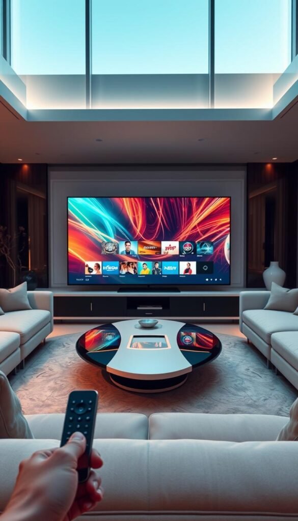A high-tech living room with a large 4K OLED TV taking center stage, displaying a vivid, seamless stream of content from the Hoxtoon Provider IPTV service. Sleek, modern furniture surrounds the TV, with soft ambient lighting and a minimalistic, yet cozy atmosphere. In the foreground, a wireless remote control and a smartphone are visible, emphasizing the convenience of the IPTV experience. The middle ground features a coffee table with a stylish, futuristic design, hinting at the advanced technology powering the 4K streams. The background showcases large windows, allowing natural light to filter in and creating a sense of openness and connectivity. The overall scene conveys the evolution of television, from traditional cable to the immersive, high-quality IPTV experience provided by Hoxtoon.