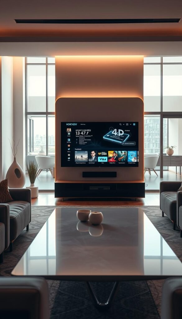 A high-tech living room with a sleek, futuristic TV display showcasing a Hoxtoon Provider IPTV interface. Soft, ambient lighting illuminates the space, creating a warm and inviting atmosphere. The TV screen displays a crisp, detailed 4K IPTV stream, immersing the viewer in a seamless, modern entertainment experience. In the foreground, a minimalist, contemporary coffee table and comfortable seating invite the viewer to sit back and enjoy the cutting-edge technology. The middle ground features subtle, high-end home decor elements that complement the overall aesthetic. The background depicts a spacious, open-concept layout with large windows, allowing natural light to fill the room and accentuate the sleek, futuristic design.