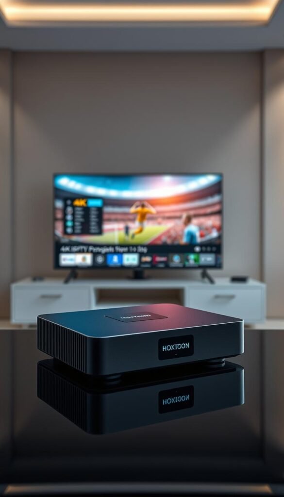 A high-tech, sleek 4K IPTV streaming setup with a modern, minimalist aesthetic. The foreground features a Hoxtoon Provider media box with clean lines and a glowing blue indicator light, placed atop a glossy black surface. The middle ground showcases a 4K television displaying crisp, vibrant video playback, with a dynamic UI overlay hinting at the cutting-edge streaming capabilities. The background is a softly blurred, modern interior with neutral-toned walls and indirect lighting, creating a sense of refined, high-end technology. The overall atmosphere conveys the power and convenience of 4K IPTV streaming for an elevated World Cup viewing experience.