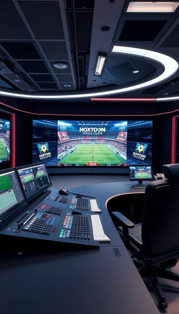 A high-tech studio with a sleek, modern control room. In the foreground, a sophisticated IPTV broadcasting console with numerous displays, buttons, and knobs. In the middle ground, a large screen showcases a live sports event, with dynamic graphics and statistics overlays. The background features a panoramic view of a stadium, with the Hoxtoon Provider logo prominently displayed. The lighting is crisp and professional, highlighting the cutting-edge technology. The overall atmosphere conveys the power and precision of IPTV sports broadcasting.