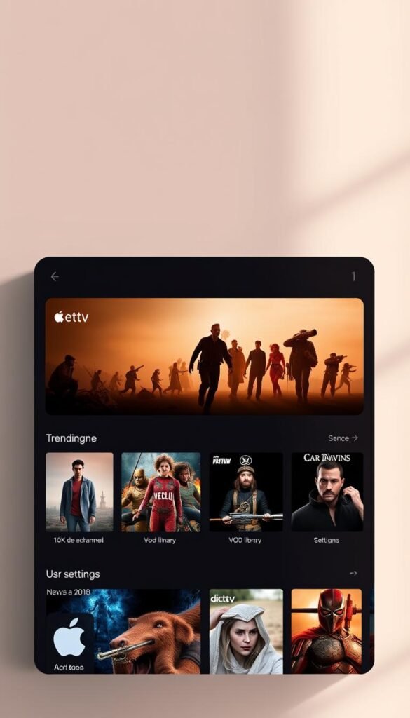 A highly detailed 4K IPTV app interface for Apple TV, showcasing Hoxtoon Provider's sleek and intuitive design. The app's home screen features a clean, minimalist layout with large, high-resolution promotional images highlighting 4K content. The top navigation bar provides quick access to live TV channels, VOD library, and user settings. In the center, a carousel of trending shows and movies tempts viewers to explore Hoxtoon's vast 4K content catalog. The side menu offers further customization and discovery options. Subtle animations and transitions create a smooth, responsive user experience. Warm, natural lighting and a muted color palette evoke a premium, cinematic atmosphere, reflecting Hoxtoon Provider's commitment to delivering the ultimate 4K IPTV experience on Apple TV.