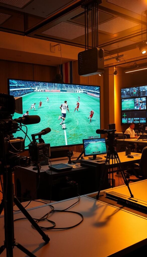 A highly detailed, cinematic 4K IPTV sports broadcasting scene. In the foreground, a large ultra-high-definition television screen displays a captivating 4K soccer match, with players sprinting across the field in lifelike clarity. The middle ground features various broadcasting equipment, including cameras, microphones, and cables, all meticulously crafted. In the background, a control room filled with monitors and technicians, orchestrating the live event, creating the ultimate viewing experience for Hoxtoon Provider subscribers. Warm, natural lighting illuminates the scene, creating a sense of depth and immersion. The overall atmosphere conveys the technological revolution in sports broadcasting, elevating the viewer's engagement and excitement.