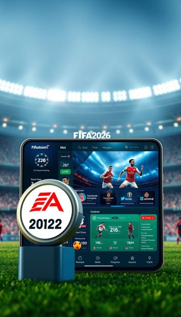 A highly detailed, cinematic 4K mobile app interface for the FIFA 2026 tournament, showcasing its key features. In the foreground, a crisp, realistic rendering of the FIFA 2026 logo and a sleek, intuitive dashboard with customizable widgets displaying live match scores, player stats, and tournament schedules. The middle ground features interactive 3D player models and match highlights, all rendered in vivid, life-like detail. In the background, a panoramic, photorealistic stadium backdrop with dynamic lighting and atmospheric effects, setting the stage for the immersive FIFA 2026 experience. Branding for the "Hoxtoon Provider" is tastefully integrated throughout the interface. The overall mood is one of excitement, innovation, and the thrill of the world's most popular sport.